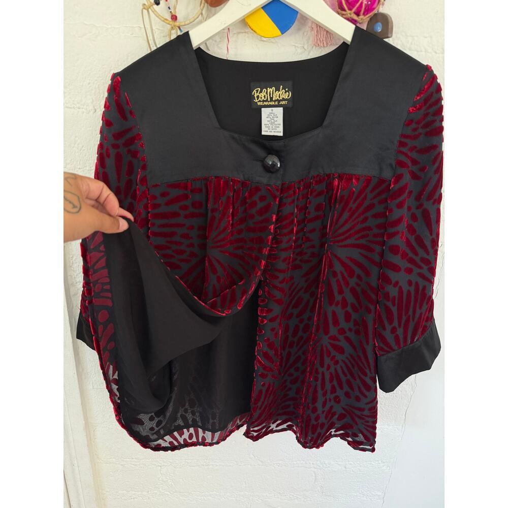 Bob Mackie Wearable Art Black Burgundy Burnout Velvet Jacket Top Small - Picture 2 of 4